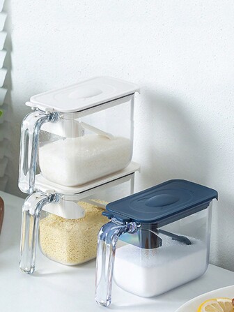 日式防潮密封调味罐，透明带手柄，塑料厨房用品，盐和糖容器