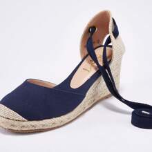 Womens Closed Toe Espadrille Sandals Platform Wedge Heels Lace Up Summer Shoes - Màu xanh hải quân - Xem 3