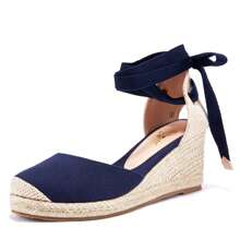 Womens Closed Toe Espadrille Sandals Platform Wedge Heels Lace Up Summer Shoes - Màu xanh hải quân - Xem 1