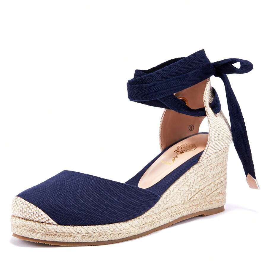 Womens Closed Toe Espadrille Sandals Platform Wedge Heels Lace Up Summer Shoes - Màu xanh hải quân - Xem 1