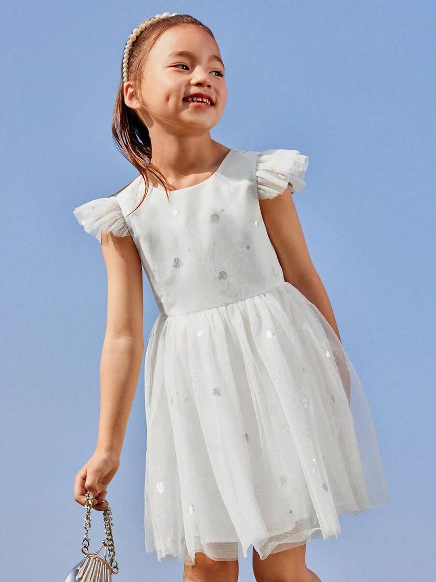 Annil Tween女孩夏季美幻網狀短袖白色圓領連身裙 - 白色 - 查看 1