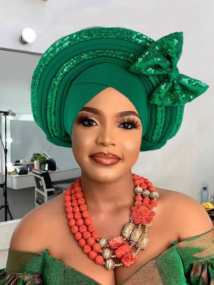 Sequins Turban Cap For Women Ready To Wear African Auto Gele Headtie Nigeria Wedding Geles Female Head Wrap Hijab Headpiece Head Accessories - Multicolor - View 1