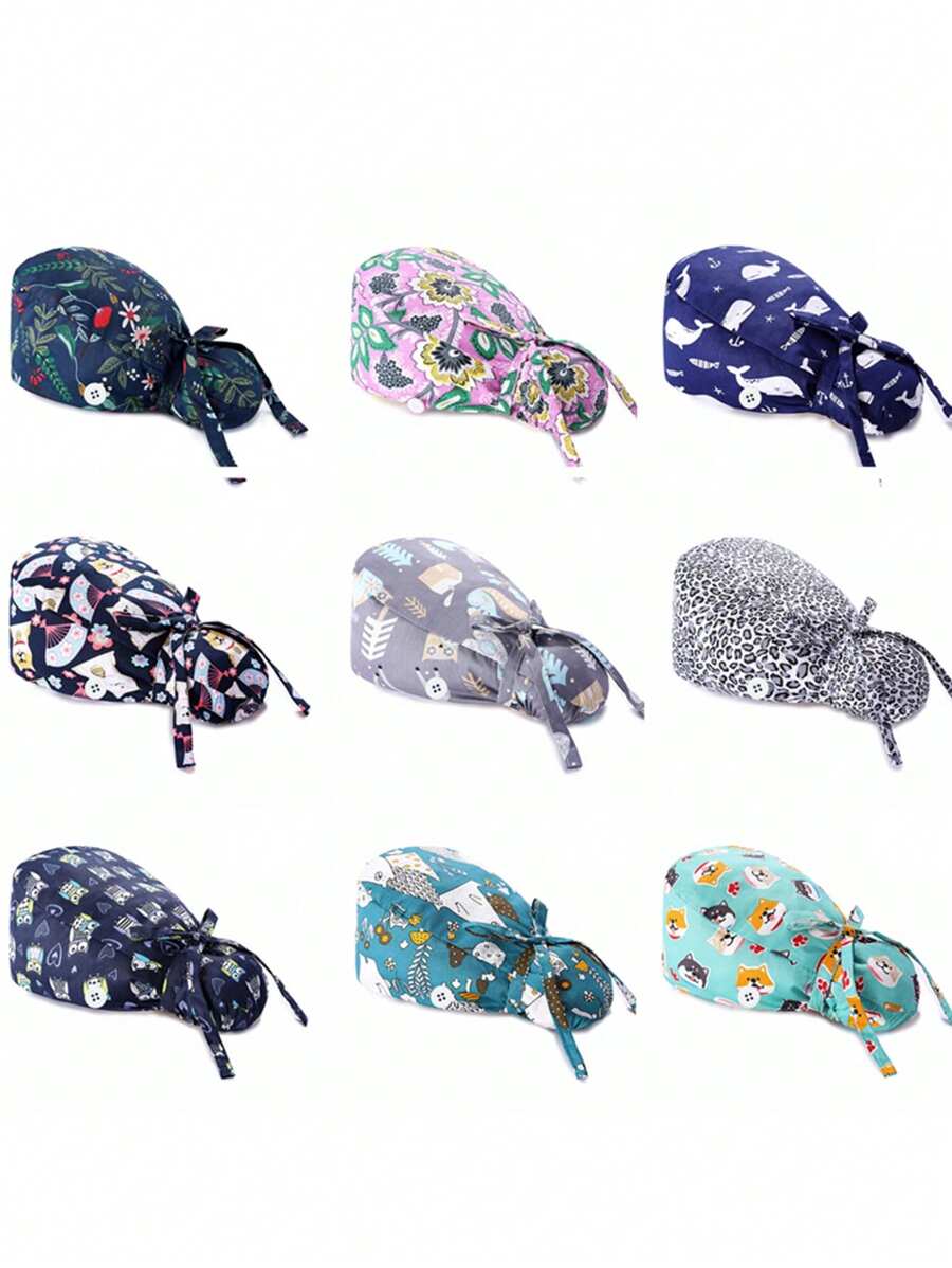 1 pieza Gorros de trabajo impresos para cirugía y para enfermeros con botón para sostener máscaras, ajustable con cordones de encaje para mujeres, accesorios de uniforme de enfermera, mascotas o cocinero - Multicolor - Ver 1
