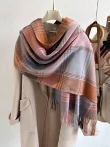 1 pieza Elegante bufanda/echarpe de mujer a cuadros multicolor con flecos de imitación de cachemira, Chal/pashmina de cachemira, Bufanda de cuello unisex estilo grueso y casual para el invierno, Chal envolvente para mujer, Suave y cómoda, Para uso diario y salidas, así como regalos navideños para miembros de la familia