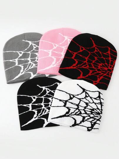 1st Y2K Street Style Spider Web Stickad mössa för barn, grafisk design, lämplig för utomhusaktiviteter på hösten och vintern för värme