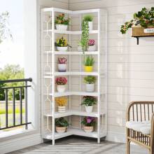LITTLE TREE Corner Shelf, 7-Tier Industrial Corner Bookshelf, Wood And Metal Corner Etagere Bookcase, Freestanding Display Shelf For Living Room, Kitchen, Home Office - White - View 2