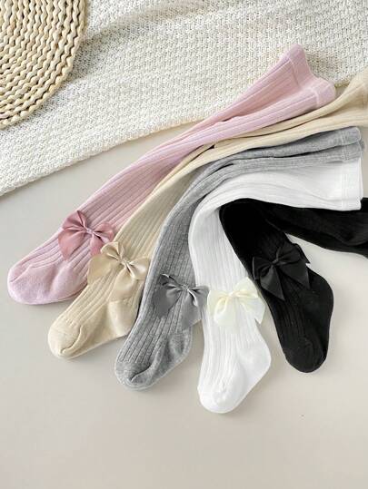 5 件套婴儿女孩薄款紧身裤，适合春秋季节，简约纯色时尚百搭，适合户外和内穿女孩蝴蝶结装饰连裤袜，休闲紧身裤适合秋季和春季户外穿着新生儿婴儿幼儿打底裤袜子