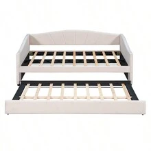 Upholstered Daybed Sofa Bed Twin Size With Trundle Bed And Wood Slat, Beige