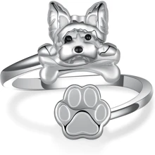 Bague ouverte réglable adorable et créative pour femmes avec patte de chien en os de Yorkshire, accessoires de bijoux d'animal de dessin animé exquis pour cadeau de mère, épouse, fille et jeune fille