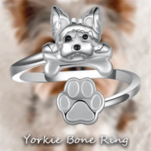 Bague ouverte réglable adorable et créative pour femmes avec patte de chien en os de Yorkshire, accessoires de bijoux d'animal de dessin animé exquis pour cadeau de mère, épouse, fille et jeune fille