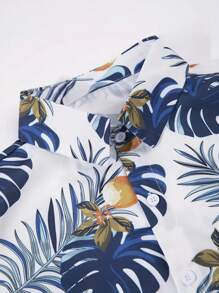 Men's Floral & Leaf Print Short Sleeve Collared Shirt With Solid Color Drawstring Shorts Set, Casual Summer Holiday 2 Pieces Outfit - Blue - View 2