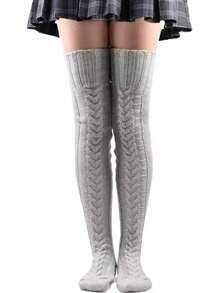 1 Pair Women's Over The Knee Gray Thick Knitted Woolen Leg Warmers For Winter Fashion