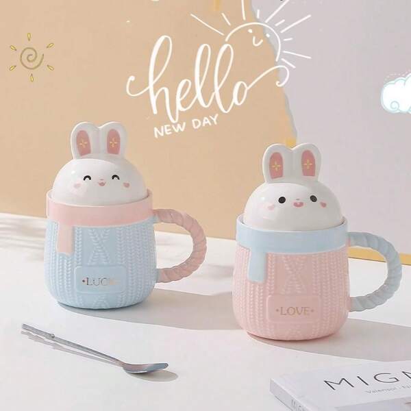 caneca  cerâmica forma de coelho 8.5x8x14cm  350 ml com colherzinha