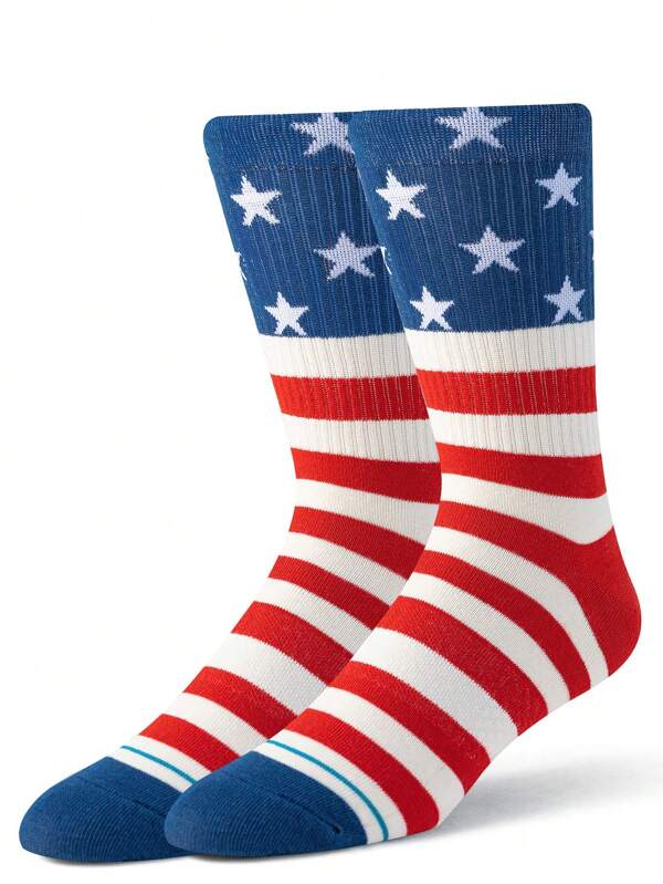 1pair Men's Mid-Calf Star Socks, Skateboard Casual High Socks, Street Retro American Star, EU/US Size, Gift For Boyfriend, 4th Of July