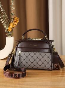 輕盈手提包，小型棕色肩袋，棋盤紋理，可調肩帶帶手提握把，輕巧而大容量，適合旅行和旅遊，工作通勤，商務與休閒風格，假日禮物，生日禮物，母親節禮物，女士錢包，肩袋，斜跨包 - 咖啡棕 - 查看 1