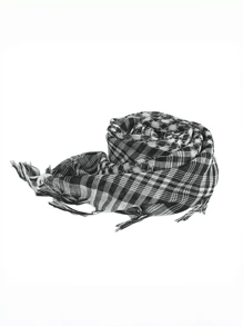 100.0cm 男女通用复古格子方形围巾，轻盈透气，流苏头巾，适合休闲和日常防晒