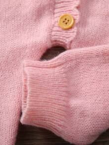 Newborn Baby Girl Embroidered Long Sleeve Knitted Romper - Pink - View 6