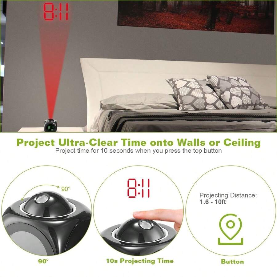 Global Phoenix LCD Projection Alarm Clock Battery Powered Black With