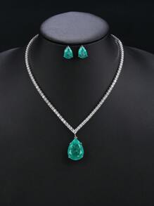 1 bộ/3 chiếc Bộ vòng cổ và hoa tai mặt hình giọt nước Cubic Zirconia tối giản thời trang, phù hợp với váy cưới, váy dạ hội và trang sức tiệc cưới - bộ đồ đơn giản - Xem 12