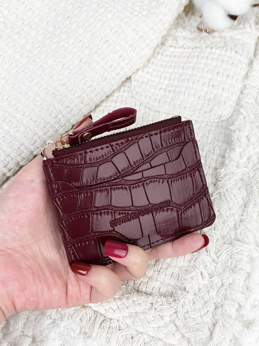 SOUTHLAND&KANGAROO Letter Embossed Zipper Small Wallet Coin Pocket Small Purse Bifold Slim Wallet Thin Lightweight Multi Layer Portable ID Card Money Card Malist Fashion Modern For Anniversary For Birthday Gift For Gift For Girls For Lady For Female Bag School Supplies For School Dorm Room & Back To School Card Holder Wallet Business Card Holder Credit Card Holder Women For Women Mini Wallet Card Wallet - Burgundy - View 1