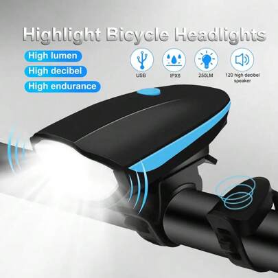1 pieza Luz y bocina de bicicleta impermeable Luz frontal recargable USB para bicicleta de montaña, al aire libre