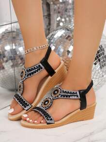 Pearl & Rhinestone Embellished Wedge Sandals, Comfortable Slip-On Open Toe Mid-Heel Versatile Ladies Sandals [Please Order One Size Up From Your Usual Size] - Black - View 5