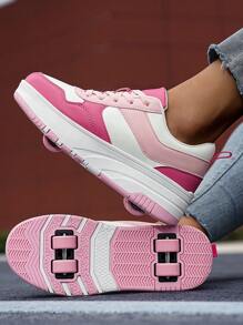 2024 年新款时尚儿童运动鞋，厚底圆头系带溜冰鞋，可拆卸双轮，男女通用设计 - 粉色 - 查看 9