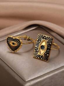 新款黑色珐琅邪眼心形戒指，不锈钢可调节开口戒指，18K镀金不褪色吊坠，时尚饰品，节日派对配饰，情人节礼物 - 不銹鋼戒指 - 查看 2