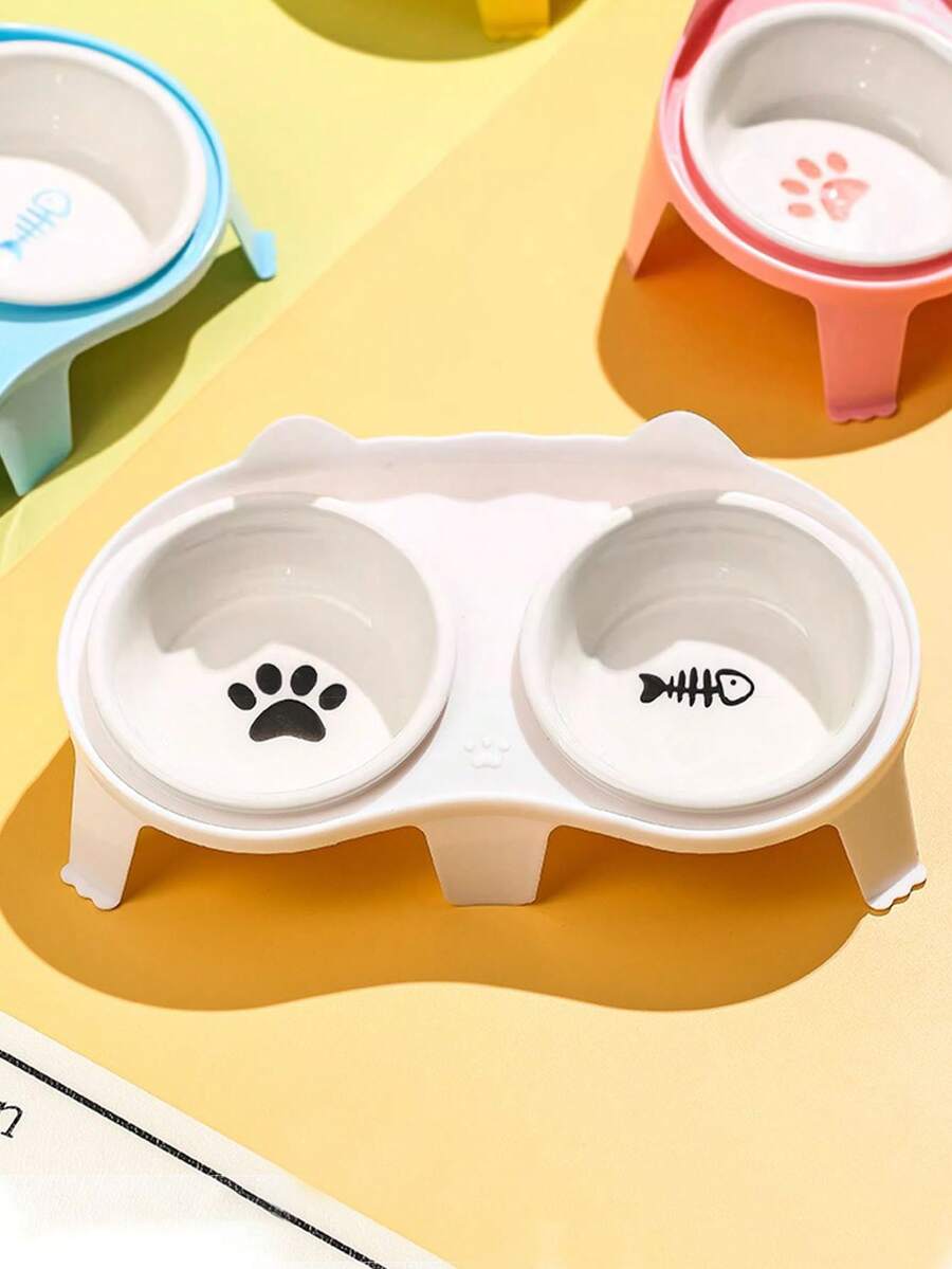 1pc Dual Ceramic Cat Bowl,Separate Dry And Wet Food Bowls With Water