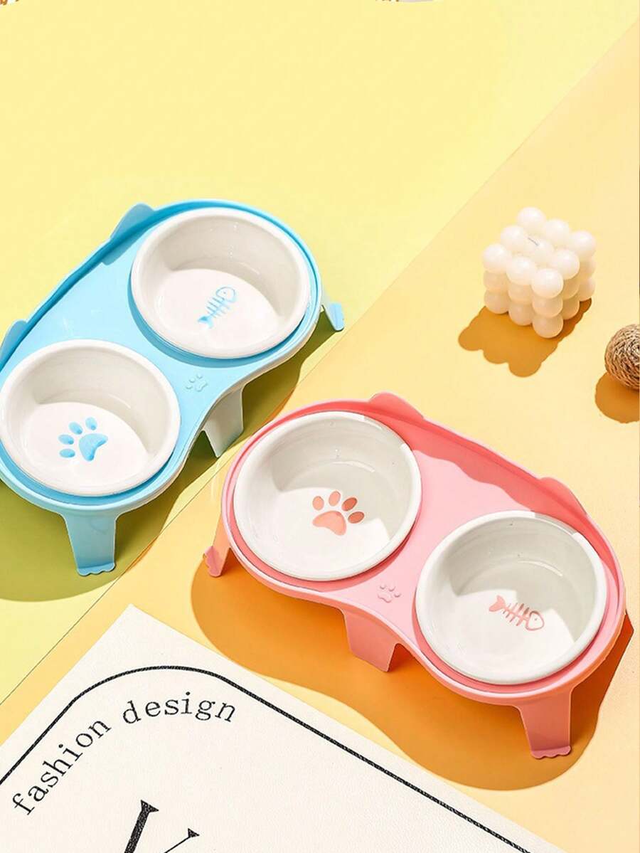 1pc Dual Ceramic Cat Bowl,Separate Dry And Wet Food Bowls With Water