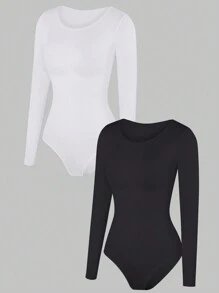 2pcs Women's Long Sleeve Bodysuit, Slimming Bodycon Outfit