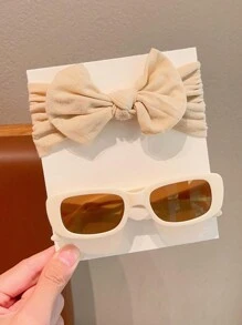 2 件套全新婴儿女孩男孩可爱纯色蝴蝶结发带蛋形小矩形儿童时尚眼镜发饰套装 - Sunglasses+HeadBand - 查看 6