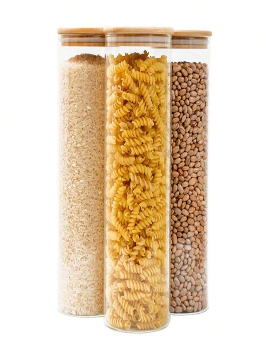 Set Of 3 Square Glass Jars For Condiments/Pasta With Bamboo Lids, 1L - Trong sáng - Xem 1