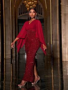 Faeriesty V 领披肩袖亮片派对连衣裙 - 紅色 - 查看 5