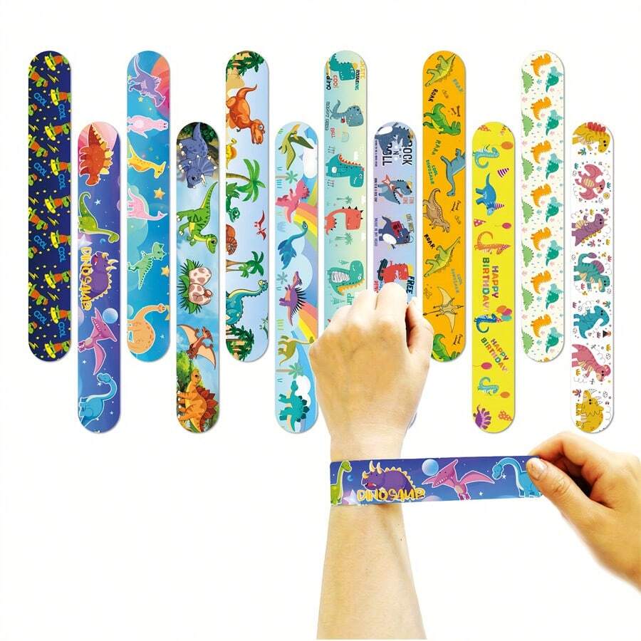 12 Piezas de Pulseras de dinosaurio con ajuste de golpe, Pulseras de dinosaurio con broche, Rellenos de bolsas de fiesta de dinosaurios, Premios de clase, Recuerdos de fiesta, Regalo de cumpleaños