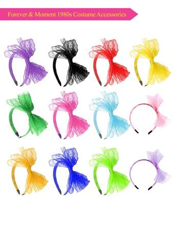 1/3pcs 1980s Women Neon Lace Bow Headbands, Suitable For 80s Retro Carnival Party Cosplay Hair Accessories Valentine's Day Valentines Prom Halloween