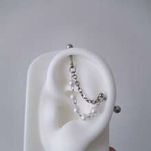 1件装浮动式工业杠铃，配仿珍珠链，不锈钢耳软骨穿刺饰品 - 銀色 - 查看 2