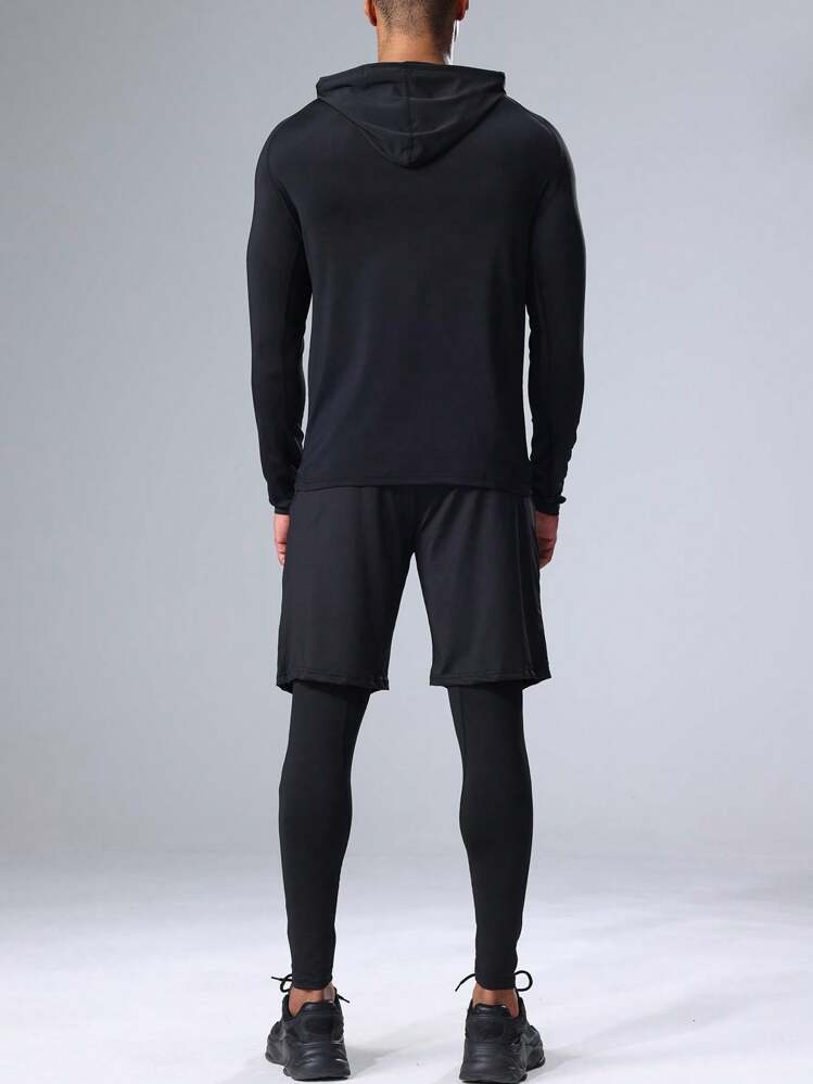 3st kompressionsbyxor, långärmad skjorta och luvtröja för män för män, sportset för träning och löpning - Svart - Visa 5