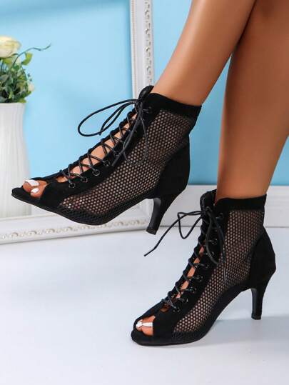 Mesh High Heel Sandals/Boots For All Seasons, Hollow Out Peep-Toe Style, Suitable For Jazz Dance