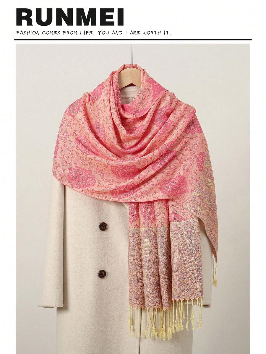 2024新款奢华亮丽羊绒触感围巾 女士提花头巾 新款头巾 羊绒披肩 旅行斗篷 保暖毯 冬季披肩 女士披肩 - 西瓜粉 - 查看 1