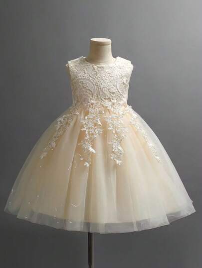 Young Girl Champagne Color Princess Dress Round Neck Appliques Mesh Contrast Sleeveless Dress Birthday Party Prom, Flower Girl Wedding Dress, Daily Casual Wear, Music Performance Stage Performance Clothing,Very Cute And Very Popular Girls Dress