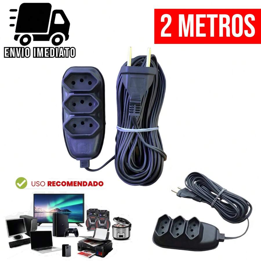 Electrical Extension Cable 2 Meters Bivolt With 3 Sockets 110v 220v Tripolar Alexa Compacta - màu đen - Xem 1