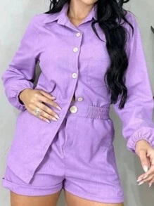 Long Sleeve Top And Shorts Set Combination - Purple - View 2