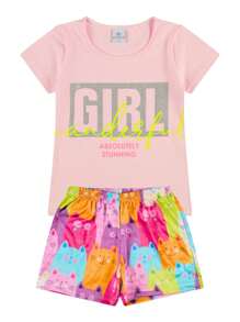 Conjunto Infantil Menina 1 blusa cor sortida + 1 shorts estampa gato