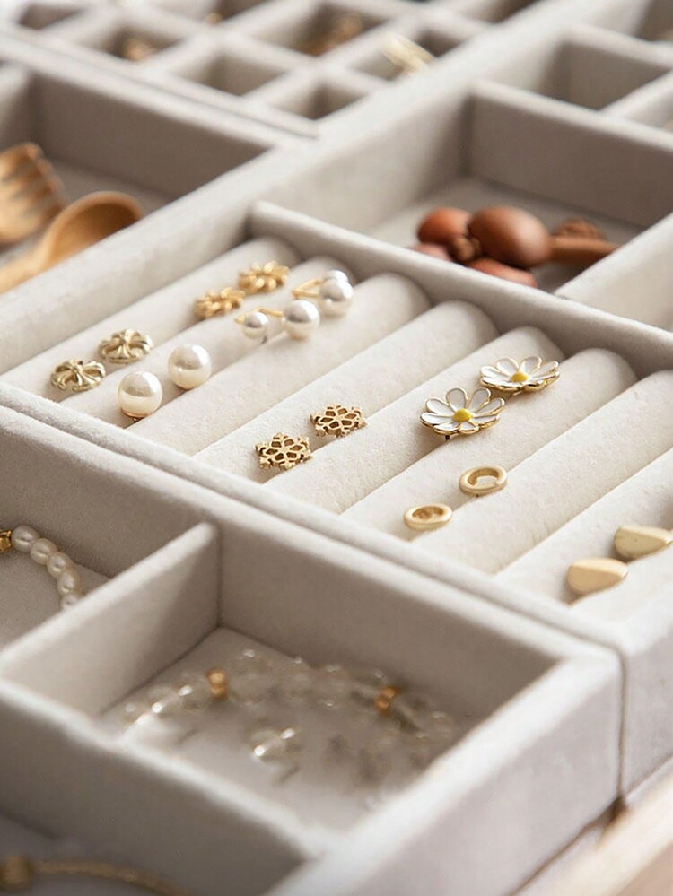 1/5 piezas Bandeja de exhibición de joyería en beige, bandeja organizadora de joyería apilable de terciopelo, bandeja de almacenamiento de joyería con cajón, para aretes, collares, pulseras, anillos, en múltiples tamaños - multicolor - Añade 4