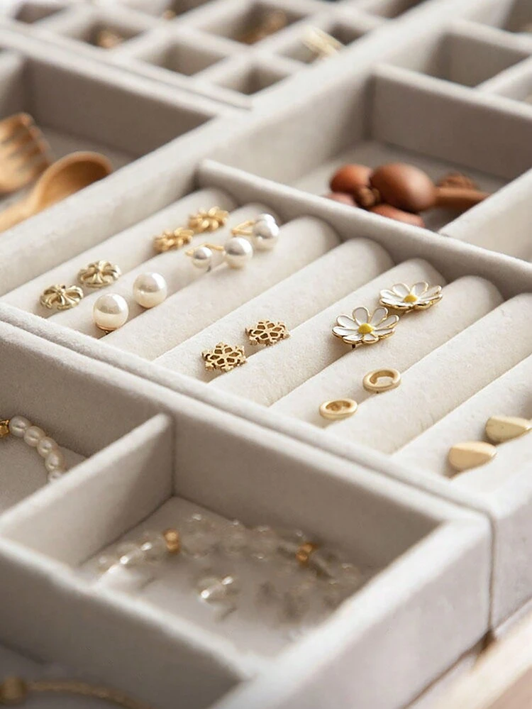 1/5 piezas Bandeja de exhibición de joyería en beige, bandeja organizadora de joyería apilable de terciopelo, bandeja de almacenamiento de joyería con cajón, para aretes, collares, pulseras, anillos, en múltiples tamaños - multicolor - Añade 4