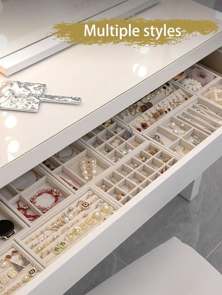 1/5 piezas Bandeja de exhibición de joyería en beige, bandeja organizadora de joyería apilable de terciopelo, bandeja de almacenamiento de joyería con cajón, para aretes, collares, pulseras, anillos, en múltiples tamaños - multicolor - Añade 3
