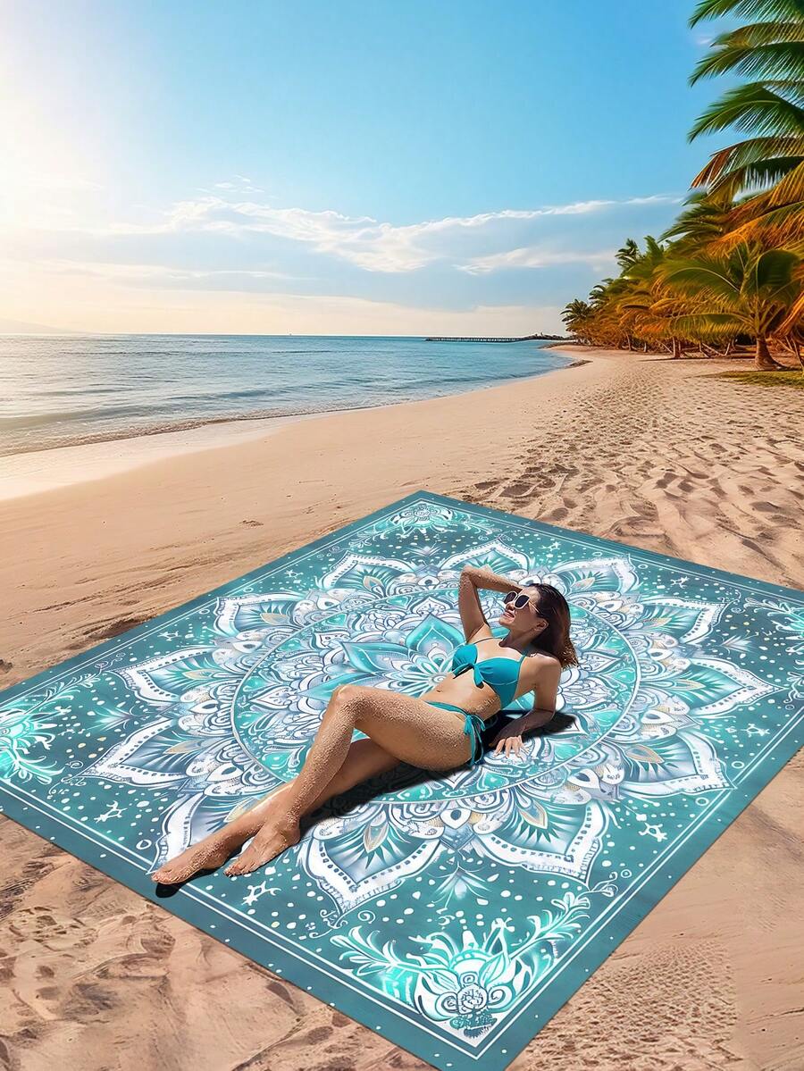 1入新款戶外防水多色花卉數字印花野餐墊沙灘巾，適於露營 - 彩色 - 查看 1