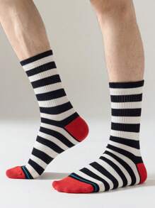 1 par de calcetines clásicos en blanco y negro para hombre, calcetines a media pierna a rayas para mujer, calcetines casuales unisex para el invierno, calcetines gruesos y altos, calcetines divertidos para el 4 de julio