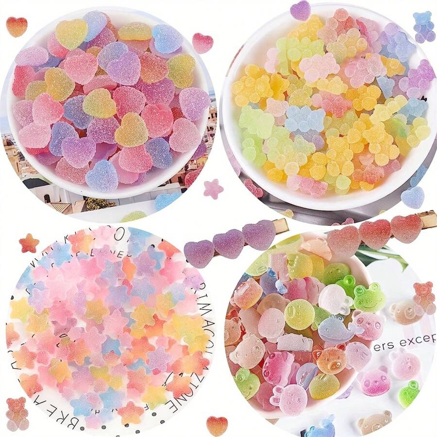 5/10/20/30/50/60/80/100pcs Colorful Mini Flat Gummy Bear, Star, Heart Shaped Resin Decoration Accessories For Jewelry Making, Crafts, Phone Decor, Scrapbooking, Nail Art